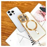 OOK Magnatic Case for iPhone 13 Pro Case [Compatible with MagSafe] Full Camera Lens Protector Gold Electroplate Edge Soft TPU Shockproof Protective Phone Case for Women Men 6.1 Inch - White