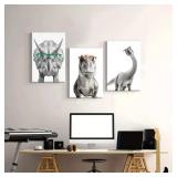 3 Pcs Sketch Dinosaur Nursery Wall Art Minimalist Dinosaur Read Posters Prints Black and White Trex Reading Printing Triceratops Pictures Wall Decor for Boys Room Classroom Library(12X16in Canvas)