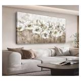 Large Flowers Wall Art for Living Room Natural Wood Float Framed Art White Wildflower Floral Canvas Pictures Vintage Artwork Blossom Canvas Prints for Bedroom Home Office Wall Decor 29\" X 58\"