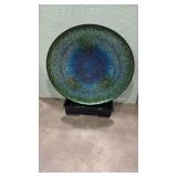 Iridescent Blue and Green Mosaic Glass Display disc on stand 28x24