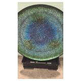 Iridescent Blue and Green Mosaic Glass Display disc on stand 28x24