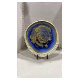 Crystalline Glazed Ceramic signed Plate - Blue and Gold with stand 14.5 inches tall
