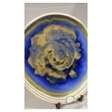 Crystalline Glazed Ceramic signed Plate - Blue and Gold with stand 14.5 inches tall