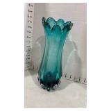 MCM turquoise swung glass vase 12 inches tall