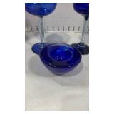 Kosta Boda cobalt blue glass votive holder and 2 handblown blue glass wine glasses