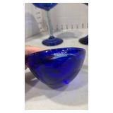 Kosta Boda cobalt blue glass votive holder and 2 handblown blue glass wine glasses