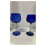 Kosta Boda cobalt blue glass votive holder and 2 handblown blue glass wine glasses