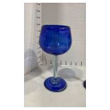 Kosta Boda cobalt blue glass votive holder and 2 handblown blue glass wine glasses