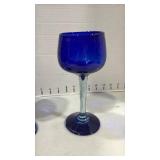 Kosta Boda cobalt blue glass votive holder and 2 handblown blue glass wine glasses