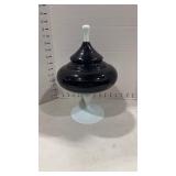 Black amethyst and milk glass pedestal candy dish 12 inches tall