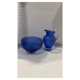 Cobalt Blue Crystal Etched Bowl and pitcher