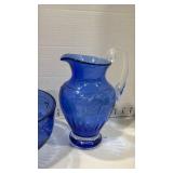 Cobalt Blue Crystal Etched Bowl and pitcher