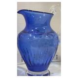 Cobalt Blue Crystal Etched Bowl and pitcher