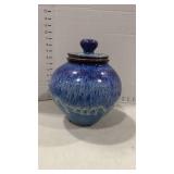 Glazed pottery jar with lid 10 inches tall