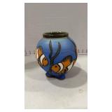 Signed pottery vase with clown fish 6 inches tall
