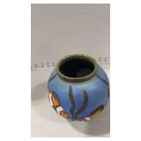 Signed pottery vase with clown fish 6 inches tall