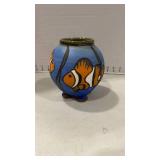 Signed pottery vase with clown fish 6 inches tall