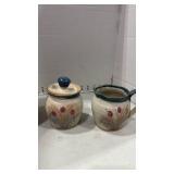 Signed pottery tea pot with sugar and creamer