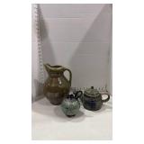 Glazed pottery tea pot signed, large glazed pitcher and more