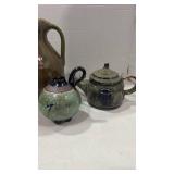 Glazed pottery tea pot signed, large glazed pitcher and more