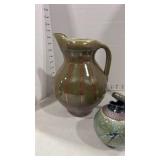 Glazed pottery tea pot signed, large glazed pitcher and more