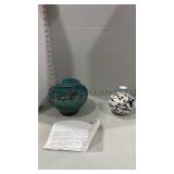 Ceramic signed raku pottery canister with lid and Acoma Pueblo pottery vase