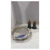 Signed pottery pie pan and pottery salt and pepper shakers