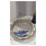 Signed pottery pie pan and pottery salt and pepper shakers