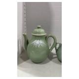 Japanese Celadon Tea Set with Mt. Fuji Design