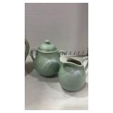 Japanese Celadon Tea Set with Mt. Fuji Design