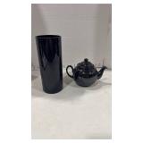 Black ceramic tea pot and black glass vase