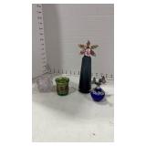 Helios Green Carnival Glass Toothpick Holder, cobalt blue glass perfume bottle with a pewter filigree collar and a butterfly stopper and more