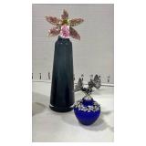 Helios Green Carnival Glass Toothpick Holder, cobalt blue glass perfume bottle with a pewter filigree collar and a butterfly stopper and more