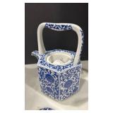 Blue and White Porcelain Tea Set with Trivet