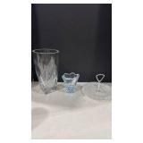 Orrefors blue crystal case, cut crystal vase and Fostoria Diamond Point Tidbit Tray