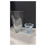 Orrefors blue crystal case, cut crystal vase and Fostoria Diamond Point Tidbit Tray