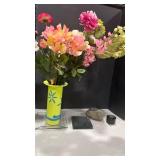 Handpainted Lime Green Floral Vase, faux flowers and home decor