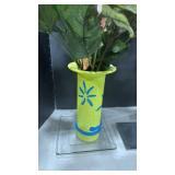 Handpainted Lime Green Floral Vase, faux flowers and home decor