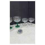Champagne, wine glasses with stem accessories and margarita glasses