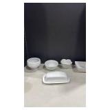 White Ceramic butter dish with small dessert and other bowls