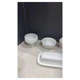 White Ceramic butter dish with small dessert and other bowls