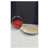 Staub Cast Iron Teapot with Blue Le Creuset Serving Dish