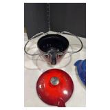 Staub Cast Iron Teapot with Blue Le Creuset Serving Dish