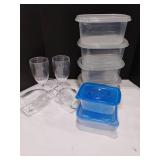 Plastic Food Storage Containers and 4 Plastic Wine Glasses