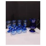 Cobalt Blue Pitcher(numbered and signed) with 7 Cobalt Blue Glasses