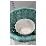 Turquoise Woven waste basket with ceramic planter