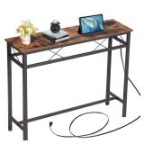 FACTORY SEALED - VECELO 39.4In Narrow Sofa/Console Table with Charging Station & Power Outlet and USB Ports, for Entryway, Living Room, Office, Industrial, Metal Frame, Brown