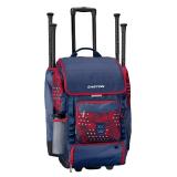 Navy blue and red Easton rolling baseball equipment bag featuring multiple compartments, padded straps, and decorative star pattern accents. Durable wheeled design ideal for transporting sports gear. 