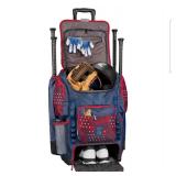Navy blue and red Easton rolling baseball equipment bag featuring multiple compartments, padded straps, and decorative star pattern accents. Durable wheeled design ideal for transporting sports gear. 