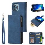 UEEBAI Wallet Case for iPhone 14 Pro, PU Leather Case Magnetic Closure Handbag Zipper Pocket Case Kickstand Card Slots with Hand Strap Marple Flip Case for Women - Blue